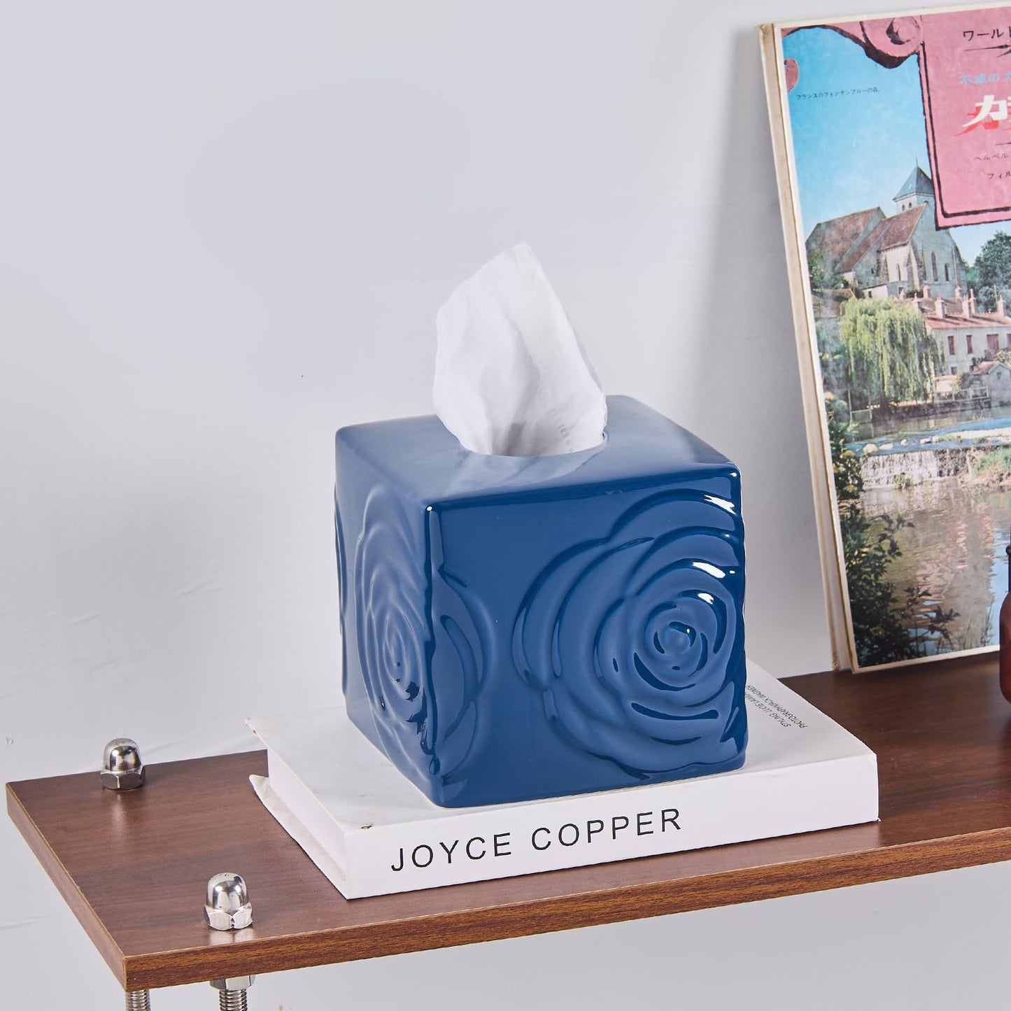 Deep Blue Ceramic Cube Tissue Box Cover with Rose – Large Elegant Rose Floral Square Decorative Tissue Box Holder for Bathroom, Bedroom, Office Desk, Kitchen Counter – Perfect Housewarming Gift