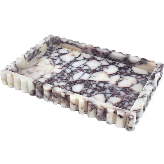 YMXYJM Natural Marble Tray for Bathroom, Real Stone Decorative Vanity Tray with Fluted Edge, Large Marble Serving Storage Tray for Kitchen Counter, Dresser, Home Decor, 11.8" x 8", Calacatta Viola