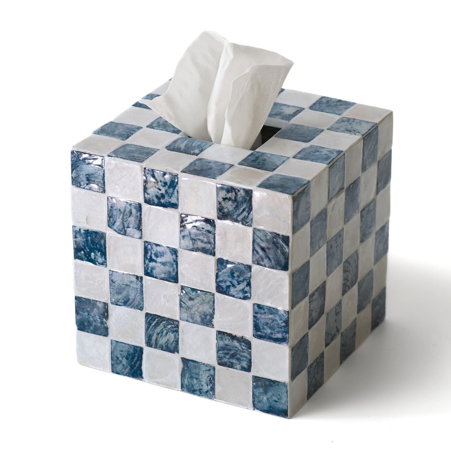 CHI AN HOME 5.5" Square Tissue Box Cover, Handmade Checkered Cube Tissue Box Cover with Capiz Shells, Decorative Mother of Pearl Tissue Holder for Living Room, Bathroom, Bedroom or Office (Navy Blue)