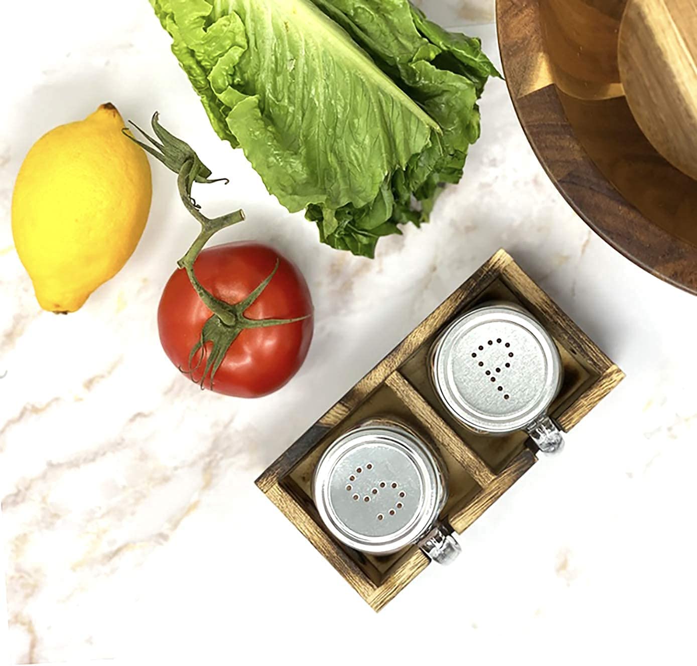 Mason Jar Salt and Pepper Shakers - Glass Shaker Set with Wood Holder Caddy, Easy to Clean & Refill for Farmhouse Kitchen Table, Home and Gifts