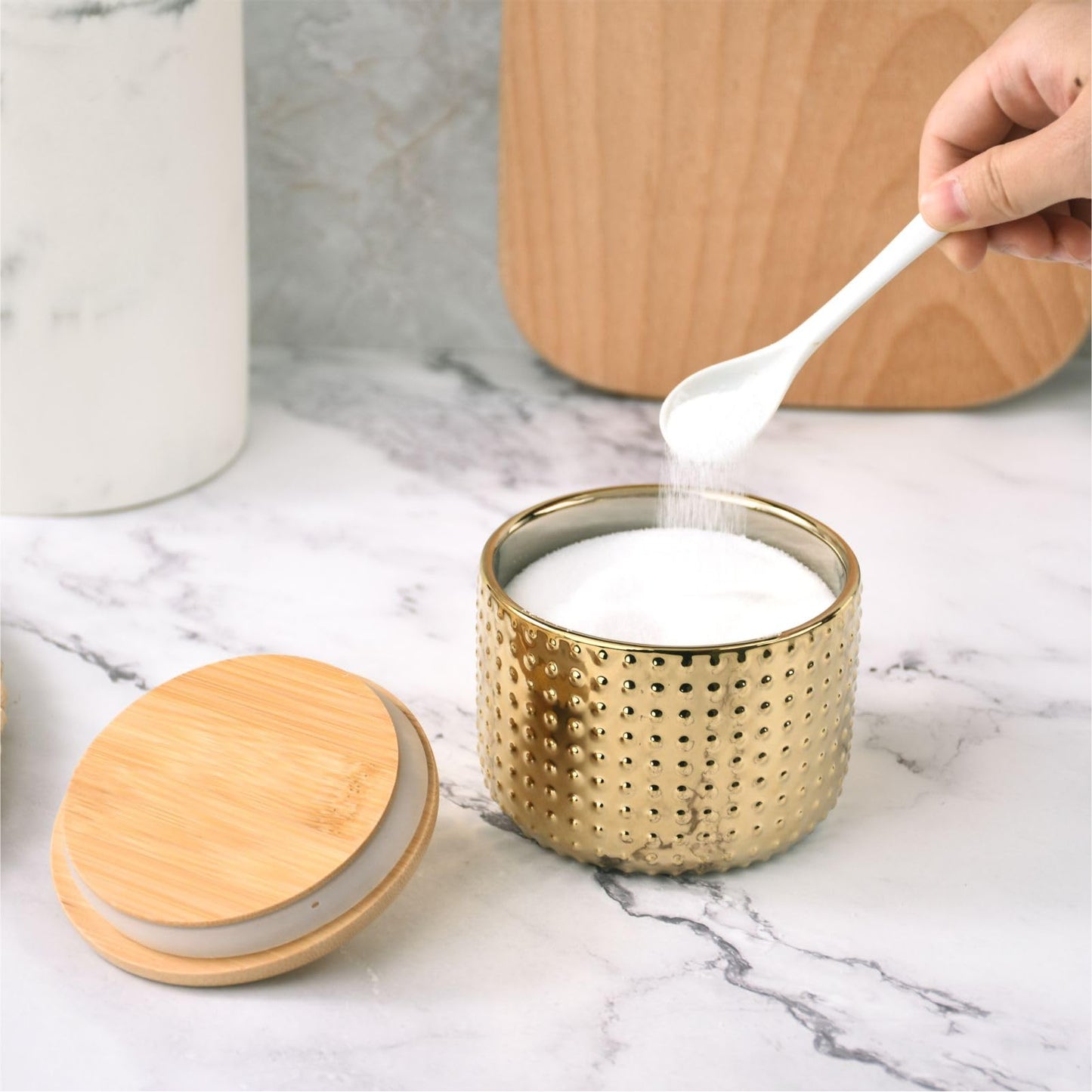 Salt Cellar Keeper with Bamboo Lid, 14oz Big Capacity Ceramic Sugar Bowls Pepper Box, Golden Water Dot Seasoning Container Condiment Pot for Kitchen (Gold Color)