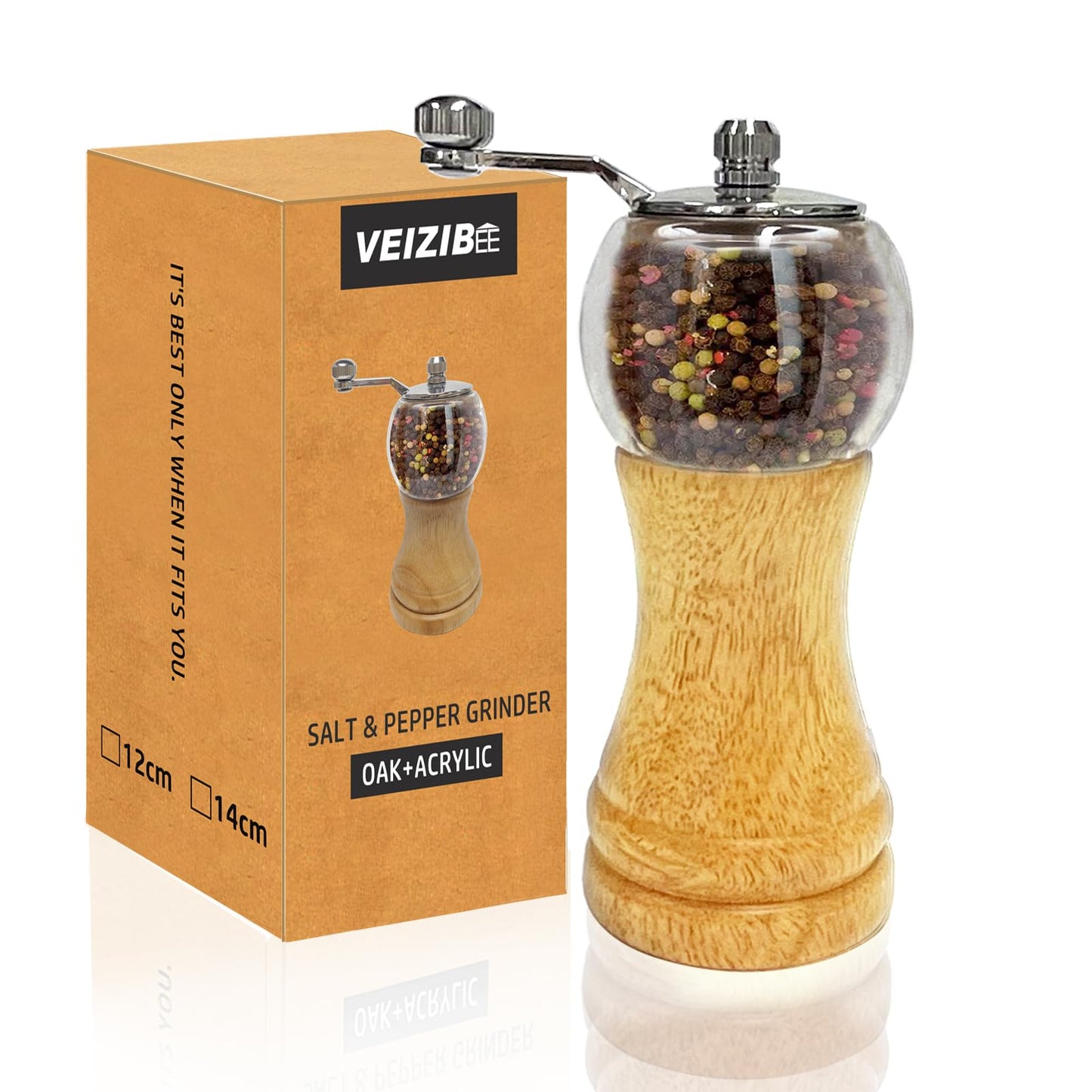 VEIZIBEE Salt and Pepper Grinder Set Hand Crank Salt and Pepper Mill Classical Wooden Salt Grinder Manual Acrylic Pepper Shaker with Adjustable Coarseness for Home Kitchen (Burlywood 1pcs-6in)