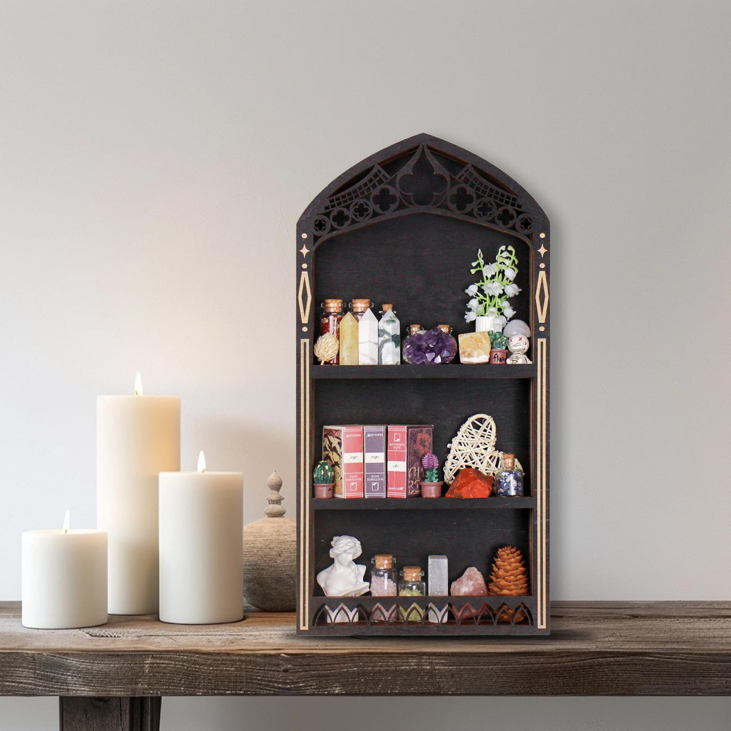 Gothic Crystal Shelf Display for Wall, Wooden Trinket Shelf Rock Gem Healing Stone Display Shelf Wall Mounted, Crystal Holder Trinket Organizer Knick Knack Shelf, Gothic Witchy Decor Gifts for Women