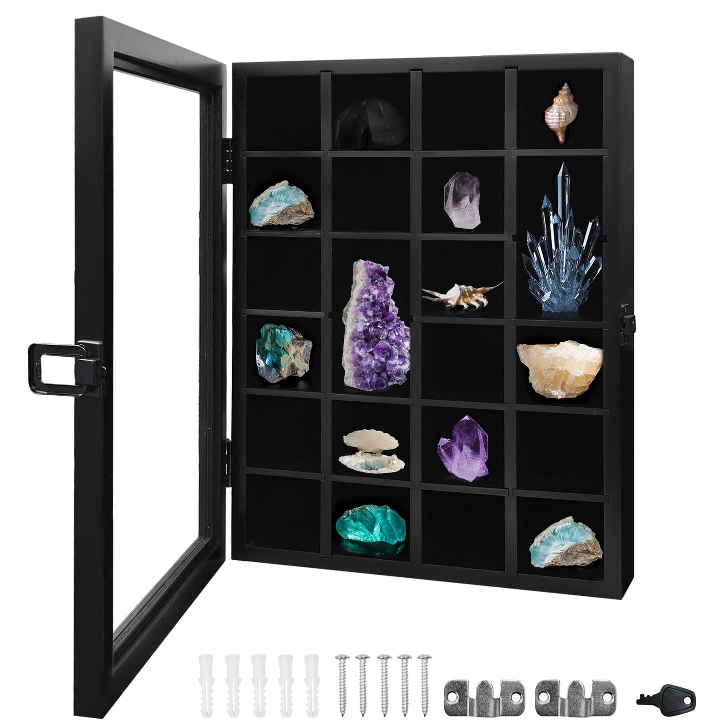 Adjustable Rock Display Case with Acrylic Doors, Wall-Mountable Cabinet with Removable Shelves for Small and Large Rocks, Showcase for Rock and Mineral Collectors
