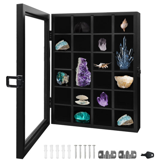 Adjustable Rock Display Case with Acrylic Doors, Wall-Mountable Cabinet with Removable Shelves for Small and Large Rocks, Showcase for Rock and Mineral Collectors
