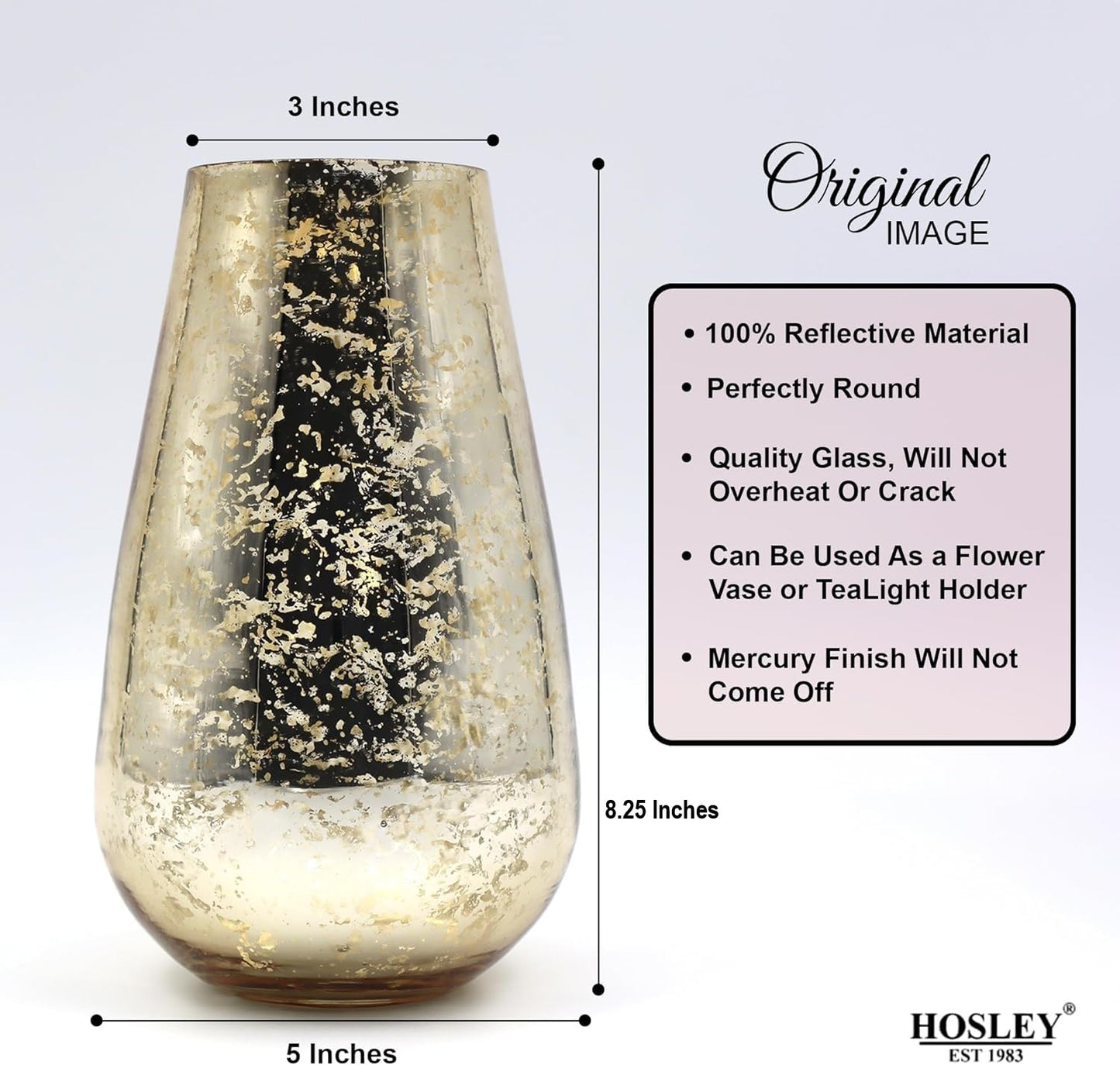 Hosley 8” Modern Mercury Gold Glass Vase, for Floral Arrangements, Weddings, Aromatherapy, Floating Candles, Pillar Candles, Spa, Home Decor, Gifts