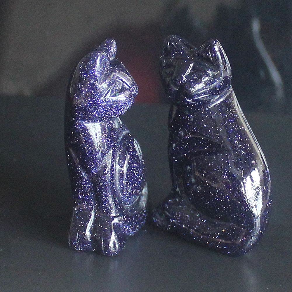 2‘’ Hand Carved Mixed Gemstone Crystal cat Figurine Animal Statue Carving Home Decor (Blue Goldstone)