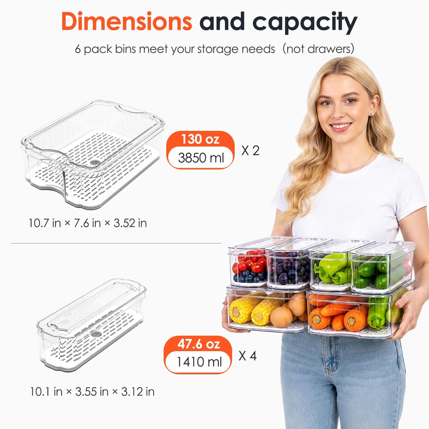 SMRCAD Fridge Organizers and Storage, 6 Pack Clear Freezer Organizer Bins with Lids for Kitchen, Pantry, Refrigerator, Food, Fruit, Vegetable Storage