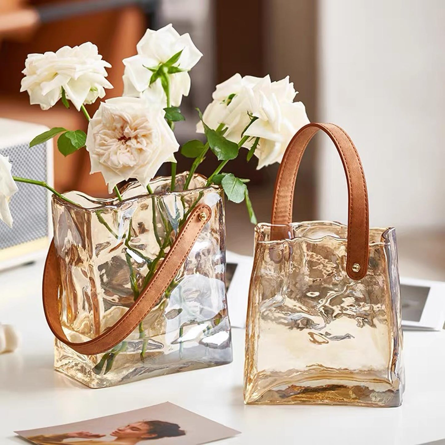 Handmade Leather - Handle Handbag - Style Glass Vase - Simple Elegance for Your Space(Amber)