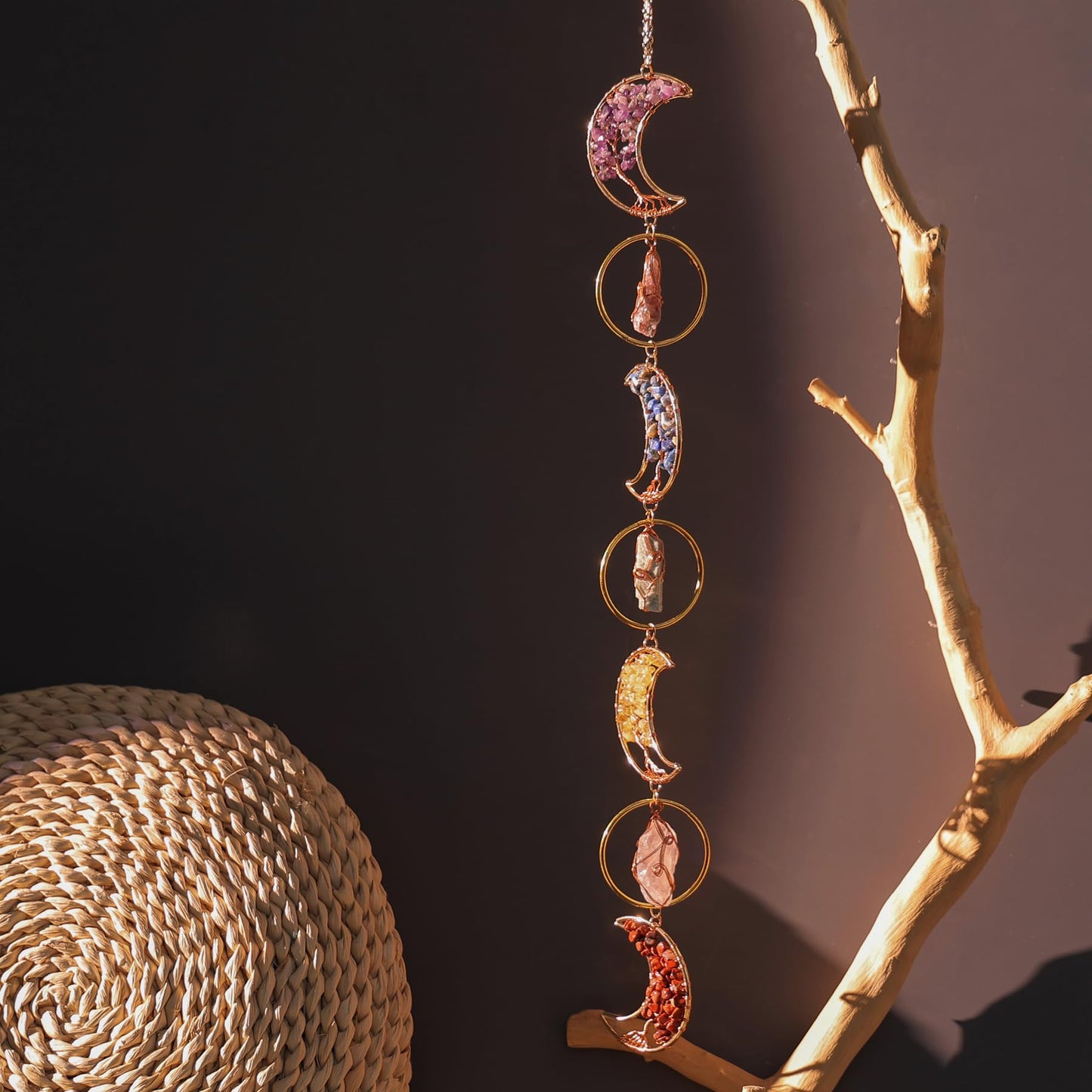 7 Chakra Crystal Dream Catcher, 7 Rings Moon Phase Wall Hanging, Handmade Natural Gemstone Tree of Life Window Decor Ornament, Boho Home Decor, Spiritual Gift for Women, Crystal Lovers