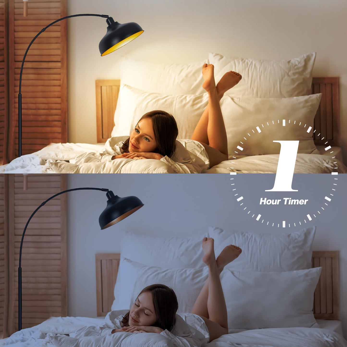 Arch Floor Lamps with Remote - Dimmable Floor Lamp 70”, Black Tall Lamp with 360° Adjustable Hanging Metal Shade, Arc Lamps Floor Standing with 9W Bulb, Over Couch Lamps for Living Room, Foot Switch