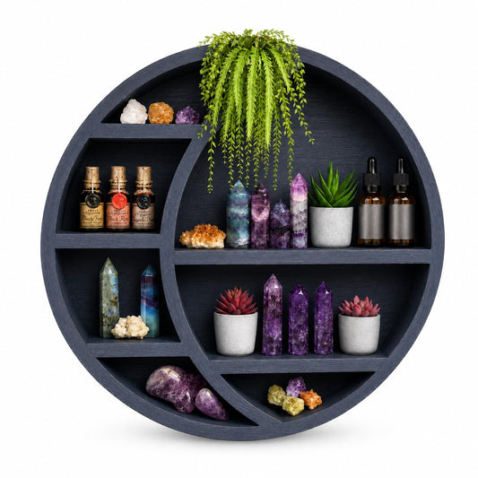 Nimpro Wooden Crescent Moon Shelf - Boho Wall Decor Crystal Display Shelf for Bedroom, Dorm & Nursery | Crystal Holder for Essential Oils, Witchy & Moon Phase Decor | 14x14x3.5 | Paulownia Wood