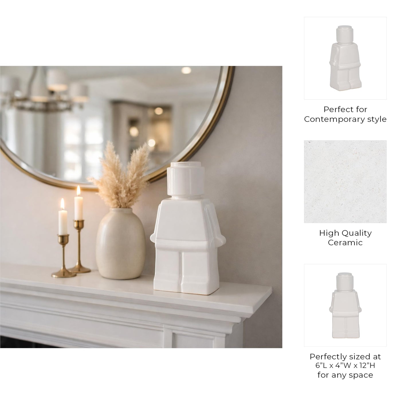 Sagebrook Home Modern Minimalist Figurine - Decorative Ceramic Sculpture for Home & Office - Contemporary Stoneware Accent for Living Room, Bedroom & Desk - 12" White
