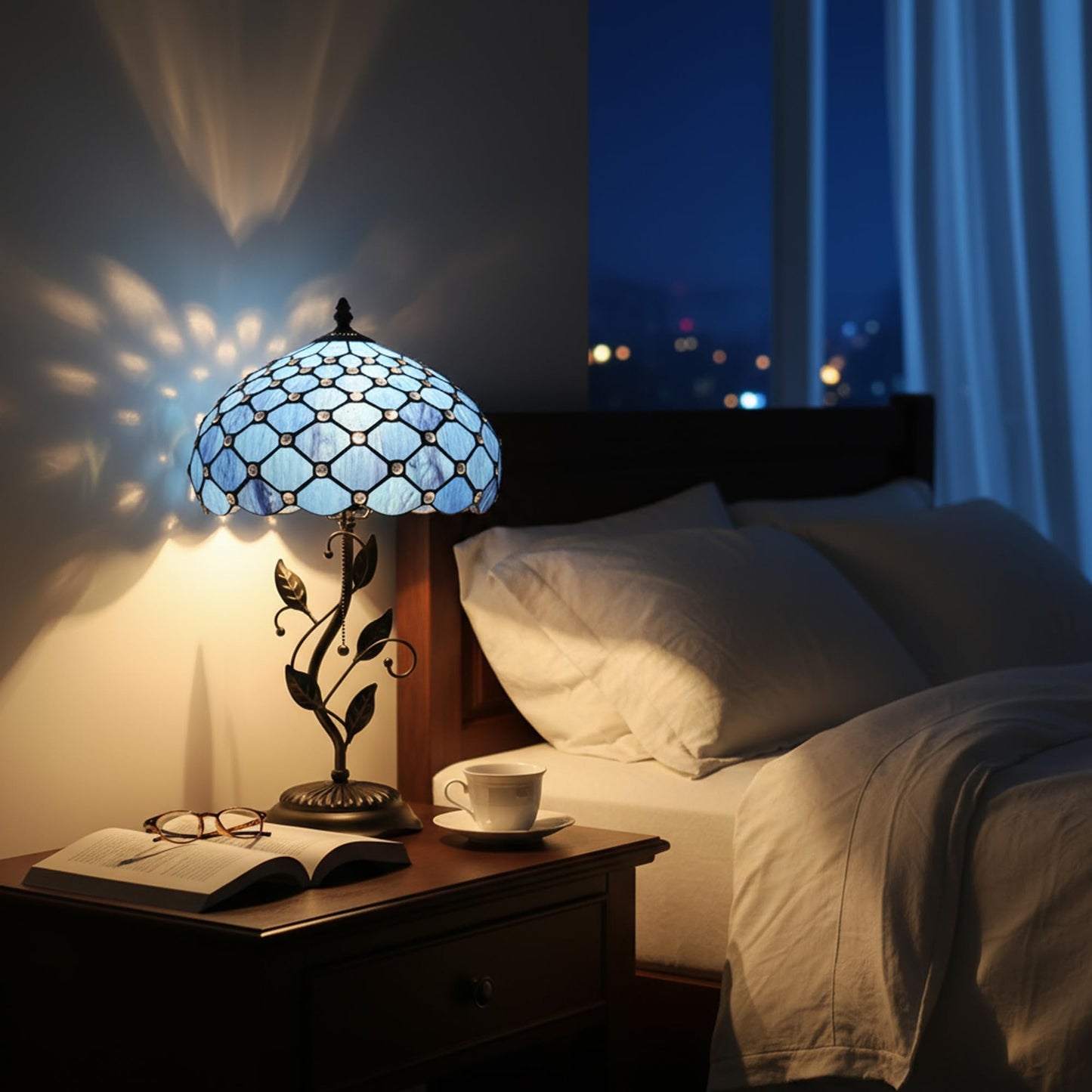 HWDFEI Tiffany Table Lamp, Stained Glass Style Desk Lamp, 12X12X19 Inch,Bedside Reading Light, Metal Leaf Base（Blue Beads Style