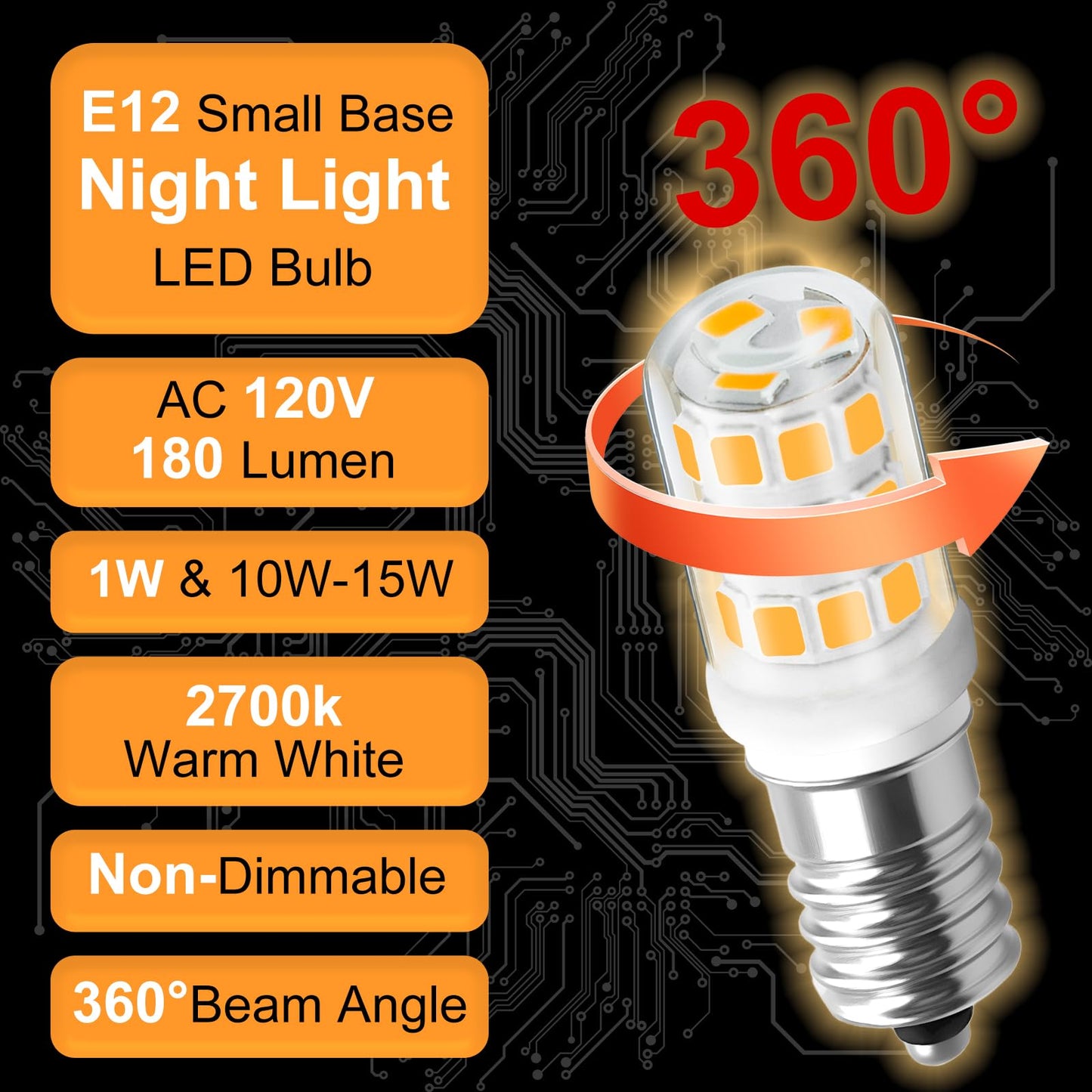 Megereet E12 LED Candelabra Base Night Light Bulb 1 Watt Equivalent 10W 15W, AC120V 2700K Warm White C7 E12 Small Bulbs for Salt Lamp Appliance Bulb Decorative String Lights, 4 Pack