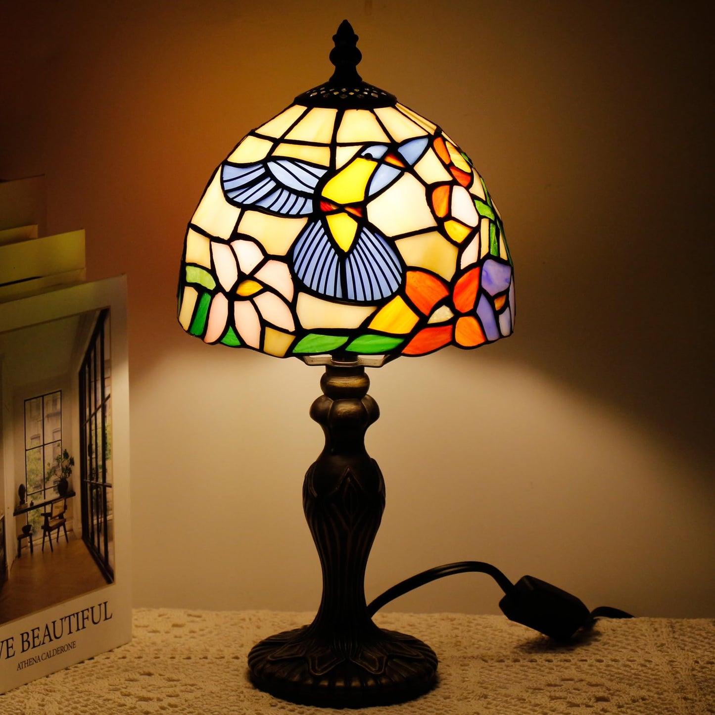 TCODTPOL Small Tiffany Stained Glass Table Lamp,Hummingbird