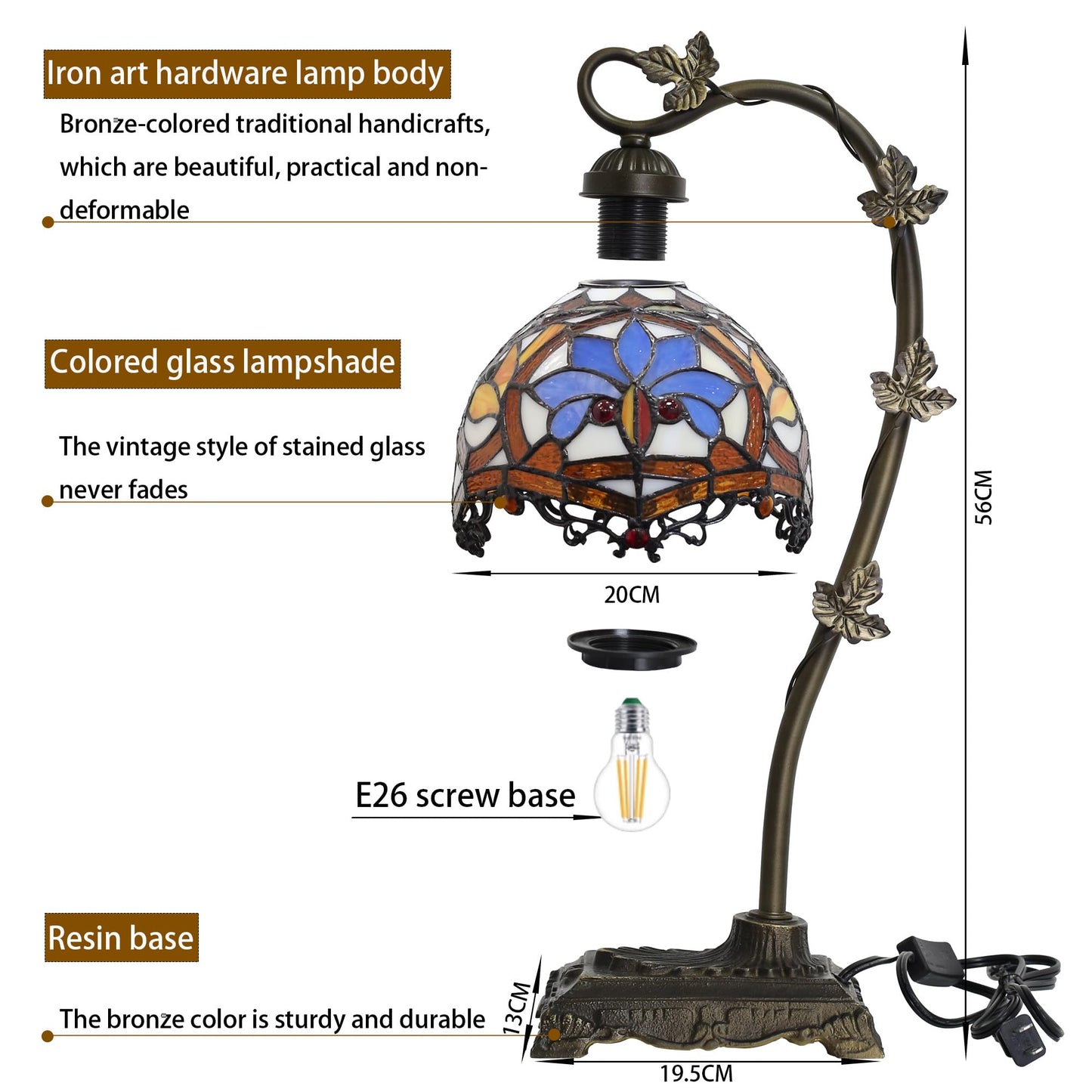 Tasklum Tiffany Style Table Lamp 8" Stained Glass Office Reading Lamp