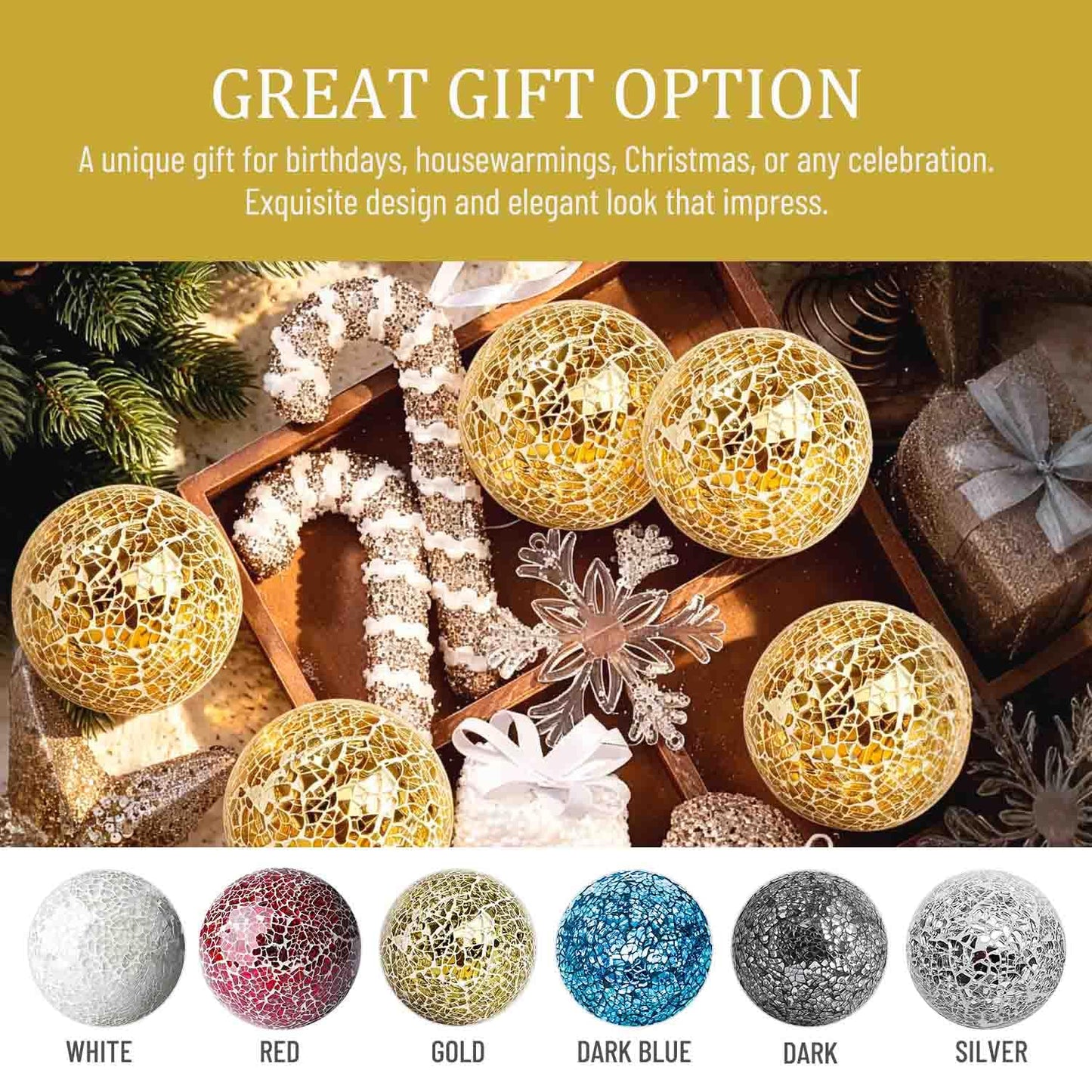 v2croft 4 in Decorative Orbs Glass Balls Set of 3,Mosaic Sphere Globe for Whole Housewares,Wedding/Birthday,Bowls,Vases Dining Table Centerpieces (Gold)
