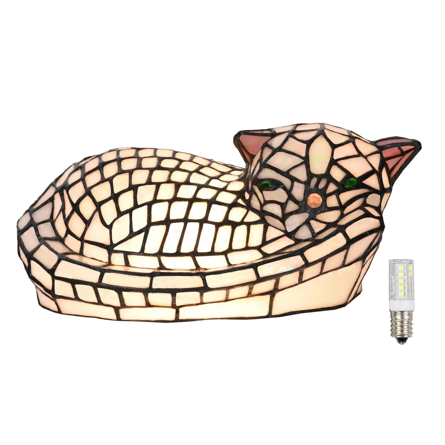 HomeBeauty A0013 Cute Sleeping Cat Tiffany Style Table Lamp, 11.5" L x 7.125" W x 5.5" H, Handmade Stained Glass Night Light for Livingroom Bedroom Home Decoration, LED Bulb Included (Sleeping Cat)