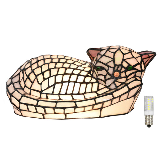 HomeBeauty A0013 Cute Sleeping Cat Tiffany Style Table Lamp, 11.5" L x 7.125" W x 5.5" H, Handmade Stained Glass Night Light for Livingroom Bedroom Home Decoration, LED Bulb Included (Sleeping Cat)