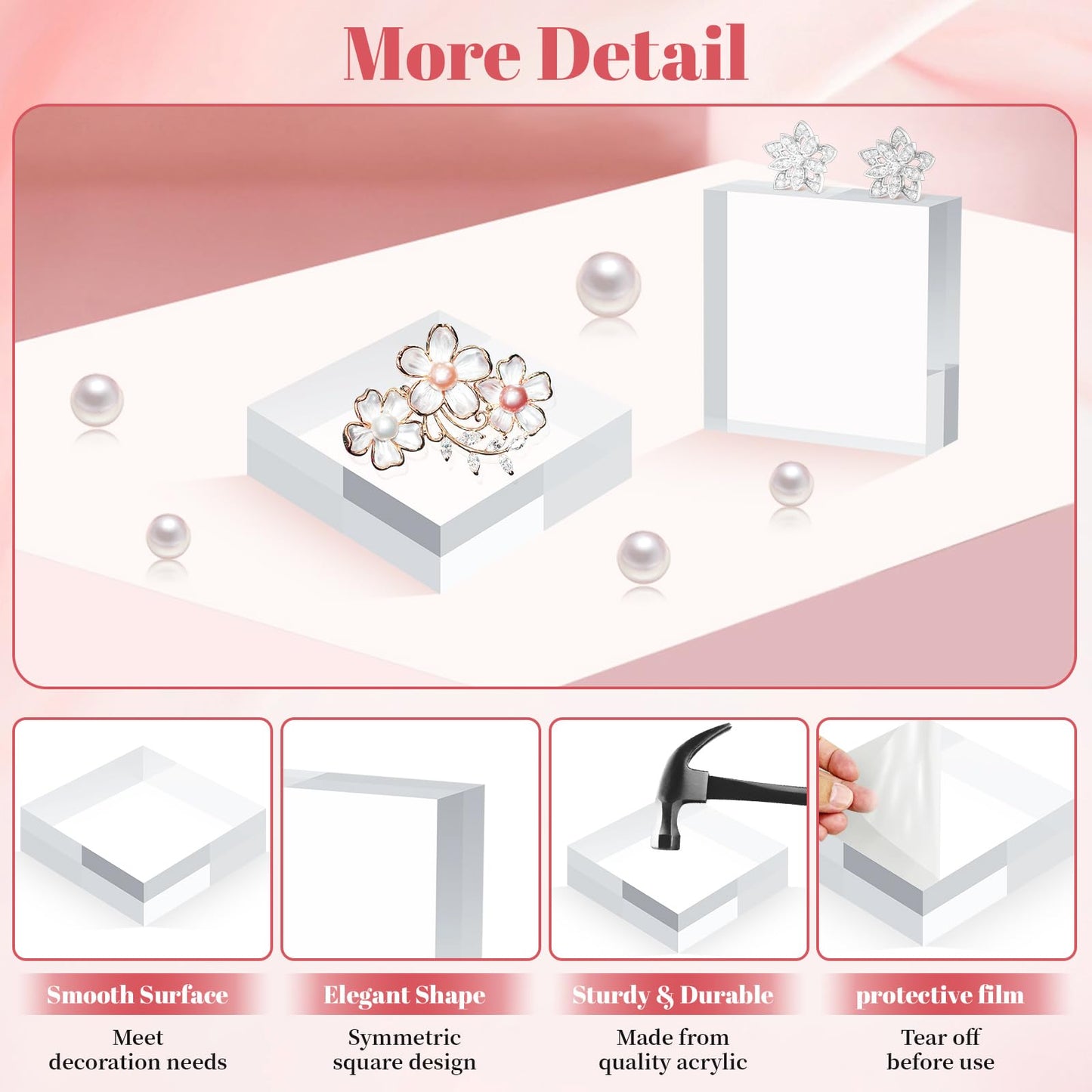 BestYiJo Square Acrylic Display Block 4 Pieces, 3 X 3 X 1 Inch Clear Polished Acrylic Blocks for Jewelry, Rings (3 * 3 * 1 inches)