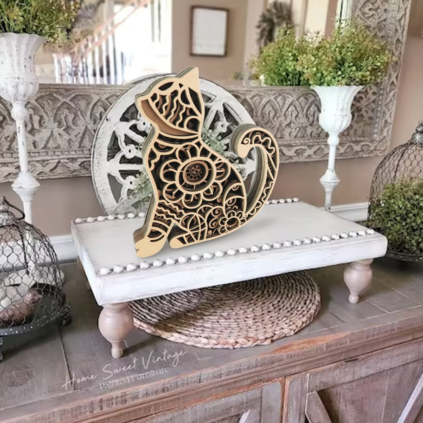 Laisgee Multi-Layered Cat Decor, Farmhouse Wooden Cat Craft 4 Layer Rustic Kitten Self-Standing Statue Desktop Shelf Tier Tray Display Cat Lovers Gift 6''