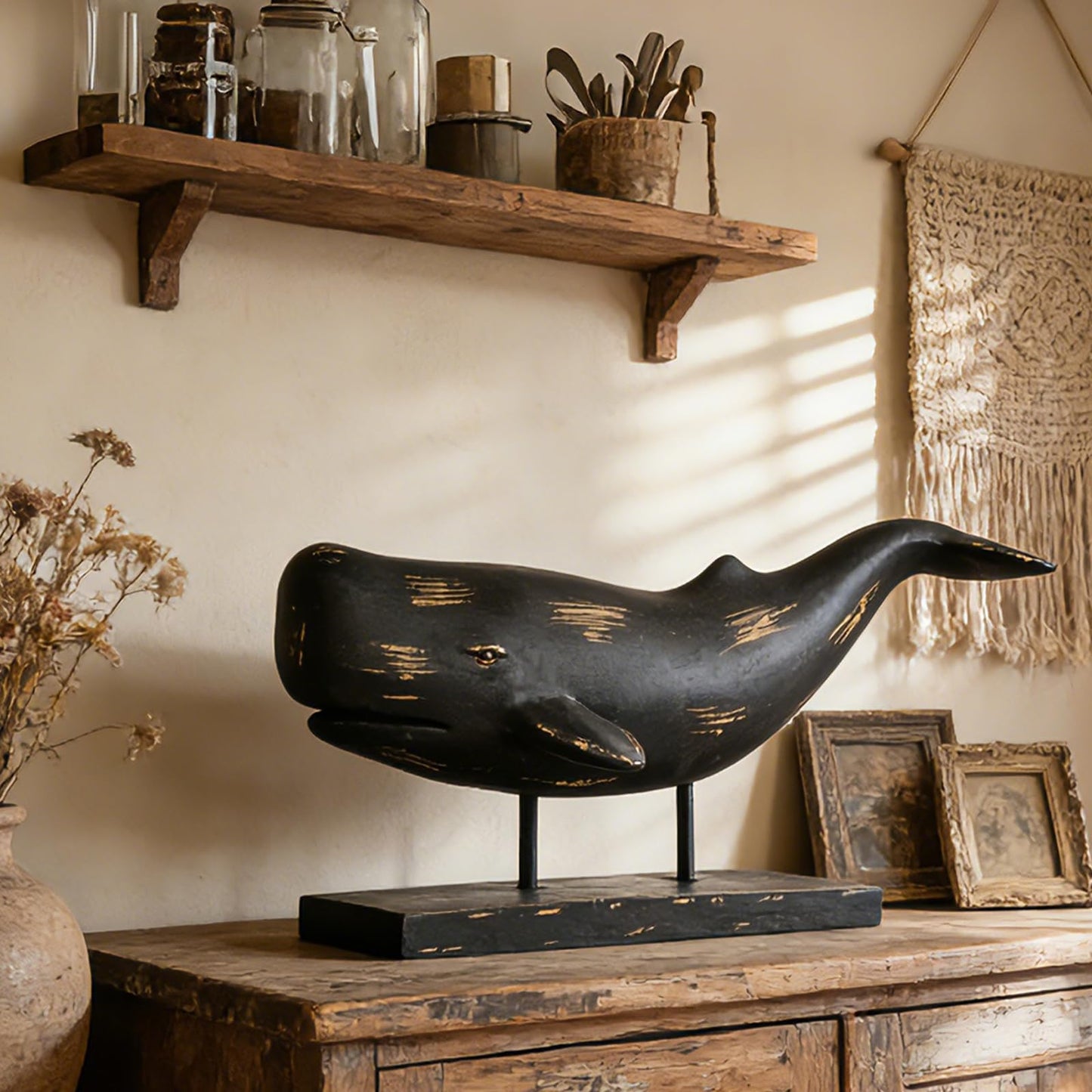 Guichifun Whale Statue Home Decor Accents - Resin Black Distressed Finish Farmhouse Ocean Whale Figurine Desk Decor for Living Room Office Shelf Marine Themed Decorations Gift 16.5 x 7.2 x 8.6 Inch