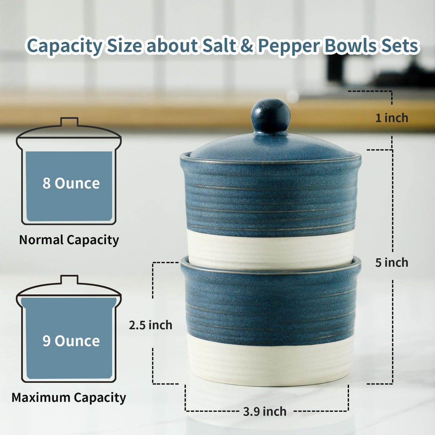 Hasense Salt Cellar Set, Ceramic Salt Box with Lid, 9 oz Stacked Salt Pepper Container for Countertop, Small Spice Bowls for Salt Pepper Sugar, Christmas Gift Ideas, Set of 2, Deep Blue