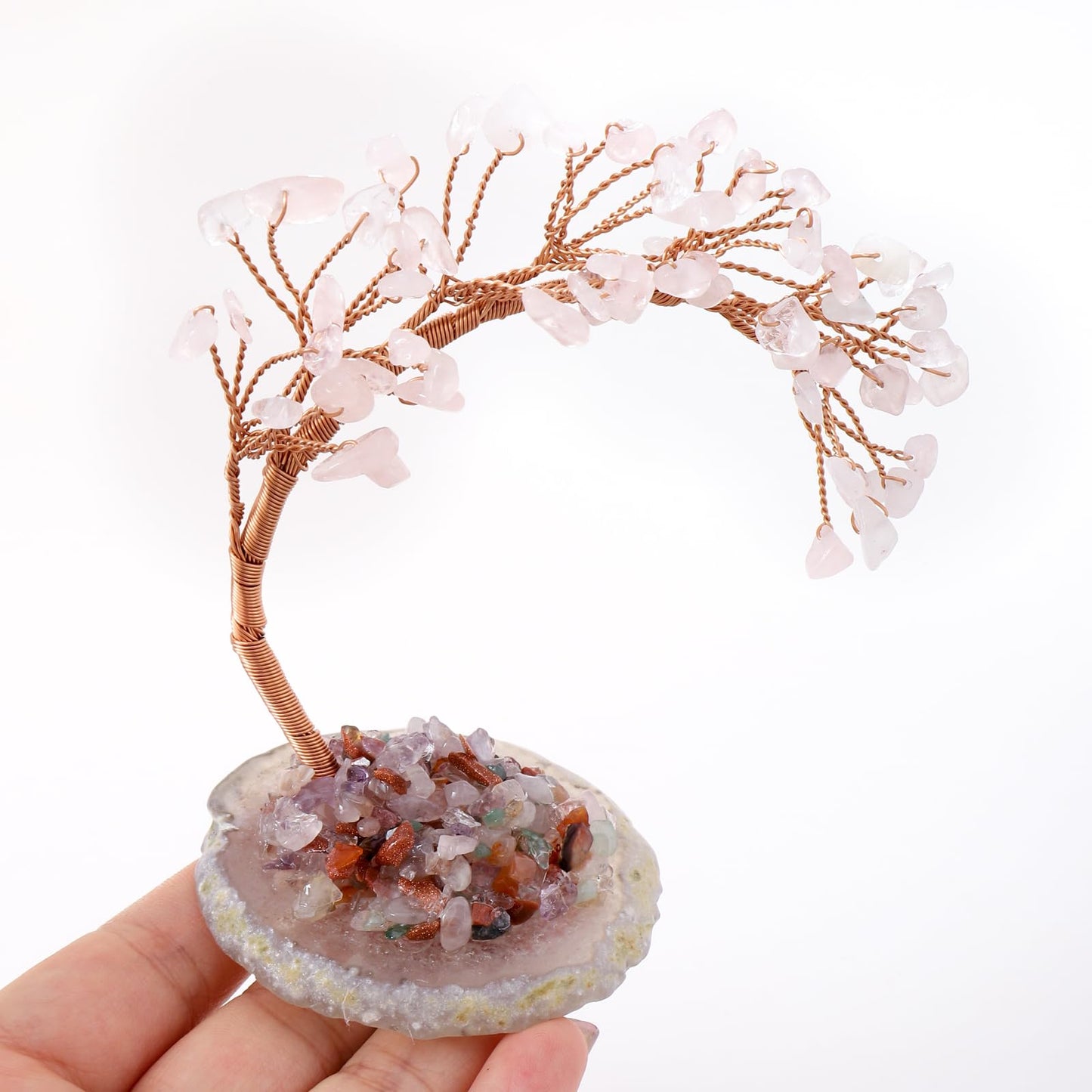 Natural Rose Quartz Healing Crystal Money Tree Handmade Wire Wrapped on Natural Agate Slice Base Gemstone Yoga Feng Shui Trees Home Decor for Mom Mothers Day