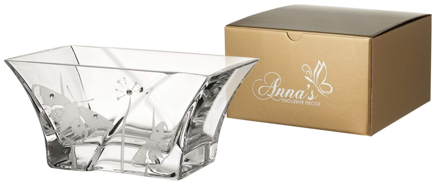 Elegant Hand Blown Glass Bowl - Decorated with Premium Crystals and Butterflies - Unleaded Glass - Small Fruit Nuts Bowl Candy Dish - Dia: 7 in (18 cm)