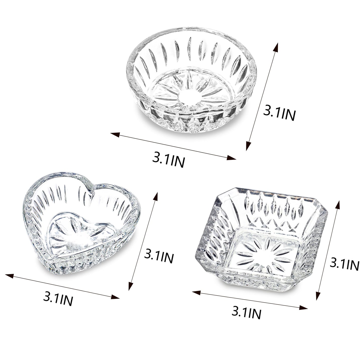LOULIQIGIFT Set of 3 Clear Jewelry Dish Tray for Women Crystal Ring Holder for Wedding Engagement Birthday Mother's Day(Round, Square, Heart)