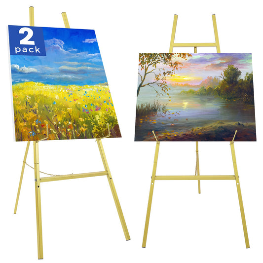 2 Pack Gold Easel Stand for Wedding Sign, Heavy Duty Metal Display Easel with Adjustable Chain, 4-Tier Height Adjustable Art Easel for Painting, Posters, Pictures & Commercial Display