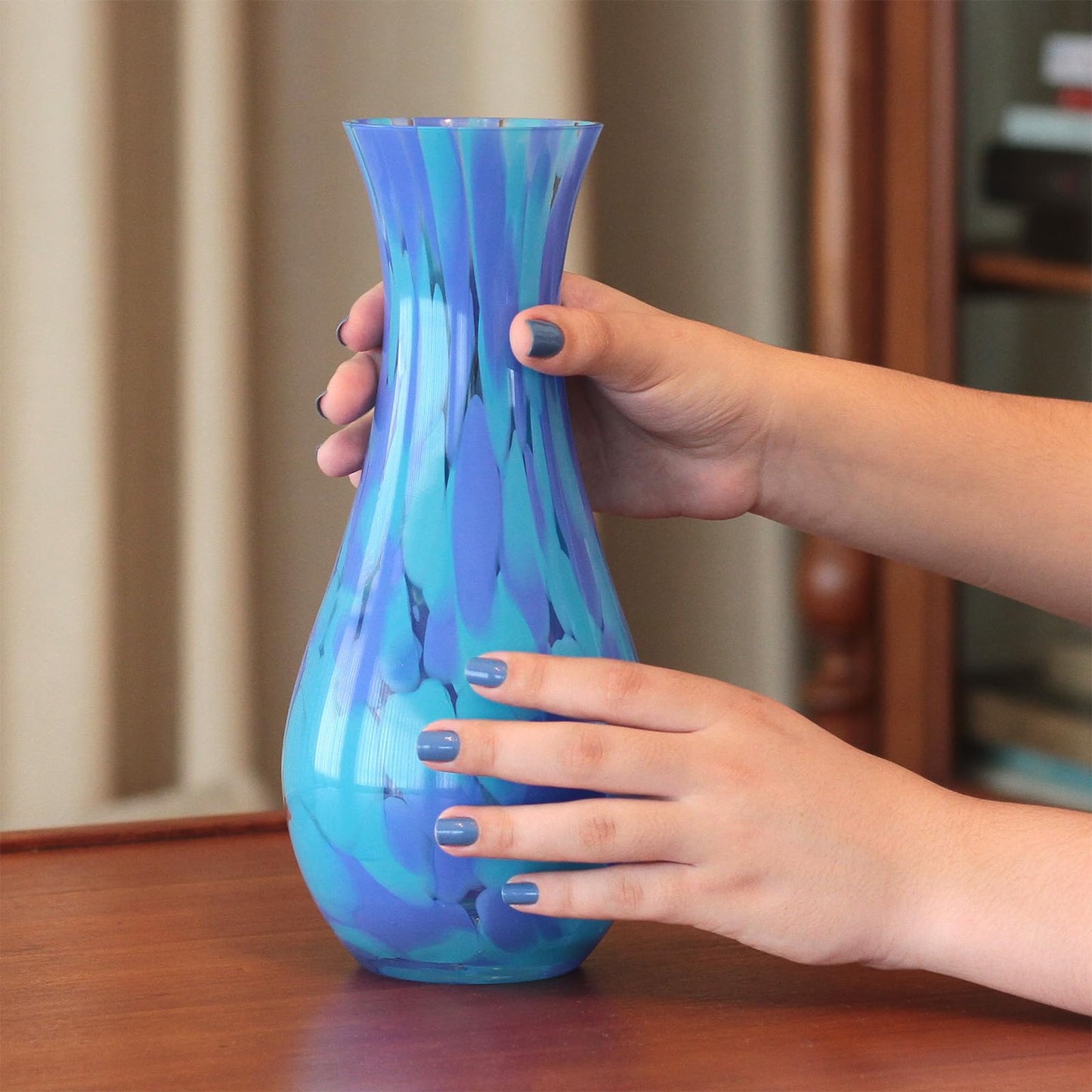 Murano Style Art Glass Vase Hand Blown Blue Confetti Effect Home Decor