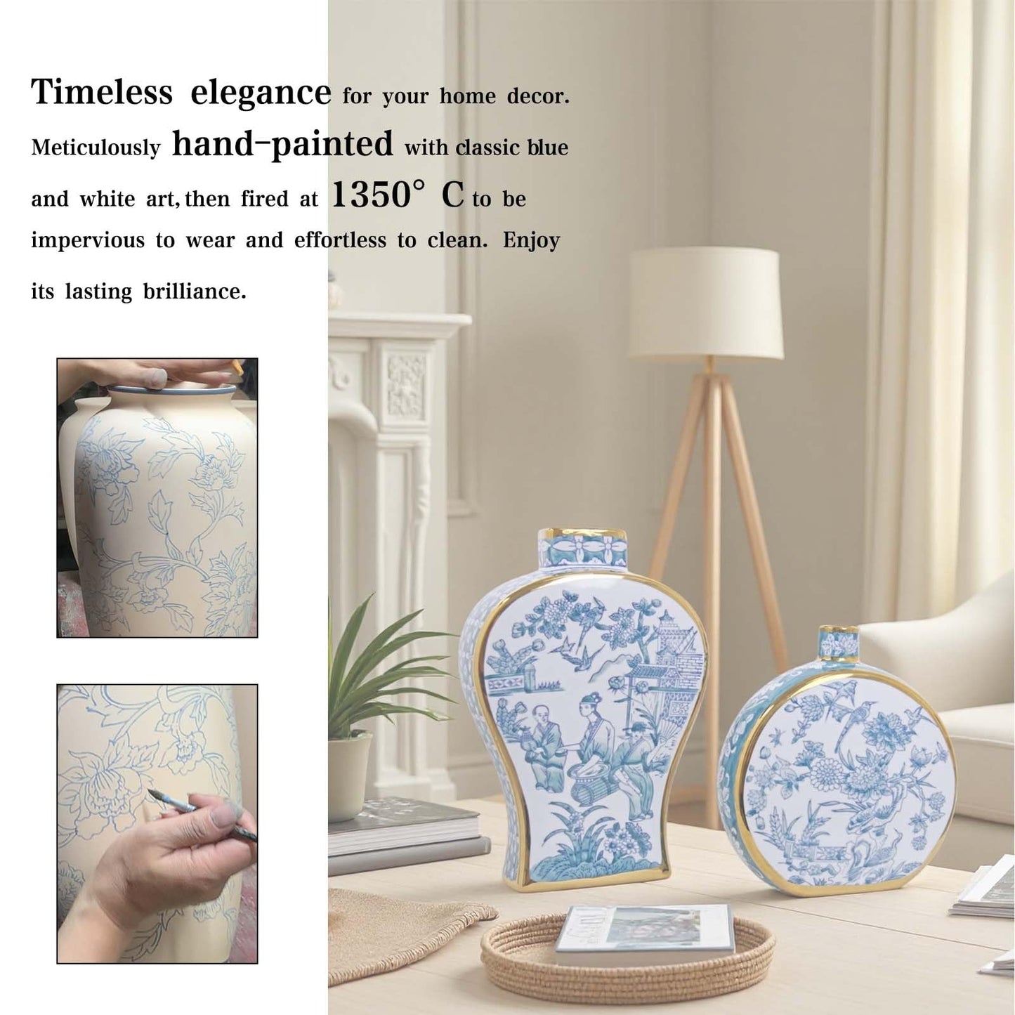 Blue and White Hand-Painted Ceramic Vase with Gold Rim - Antique Chinese Porcelain Bud Vase for Home Decor, Table Centerpieces for Living Room, Office, Entryway, Fireplace or Bookshelf