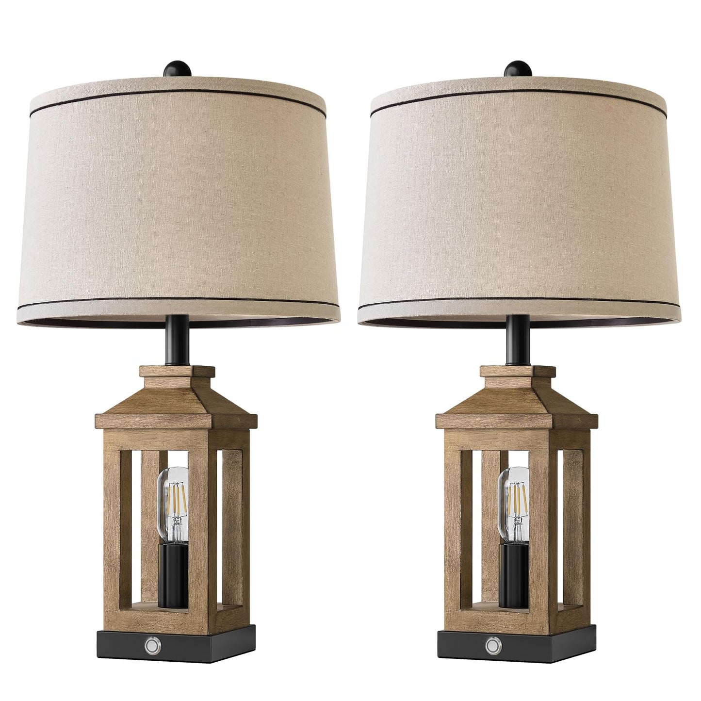BOBOMOMO 23.75" Natural Wood Farmhouse Table Lamps Set of 2 – Retro Nightstand Lamps with 3 Way Dimmable Touch Control Night Light & USB A+C Ports, Rustic Lamps for Living Room, Bedroom, Entryway