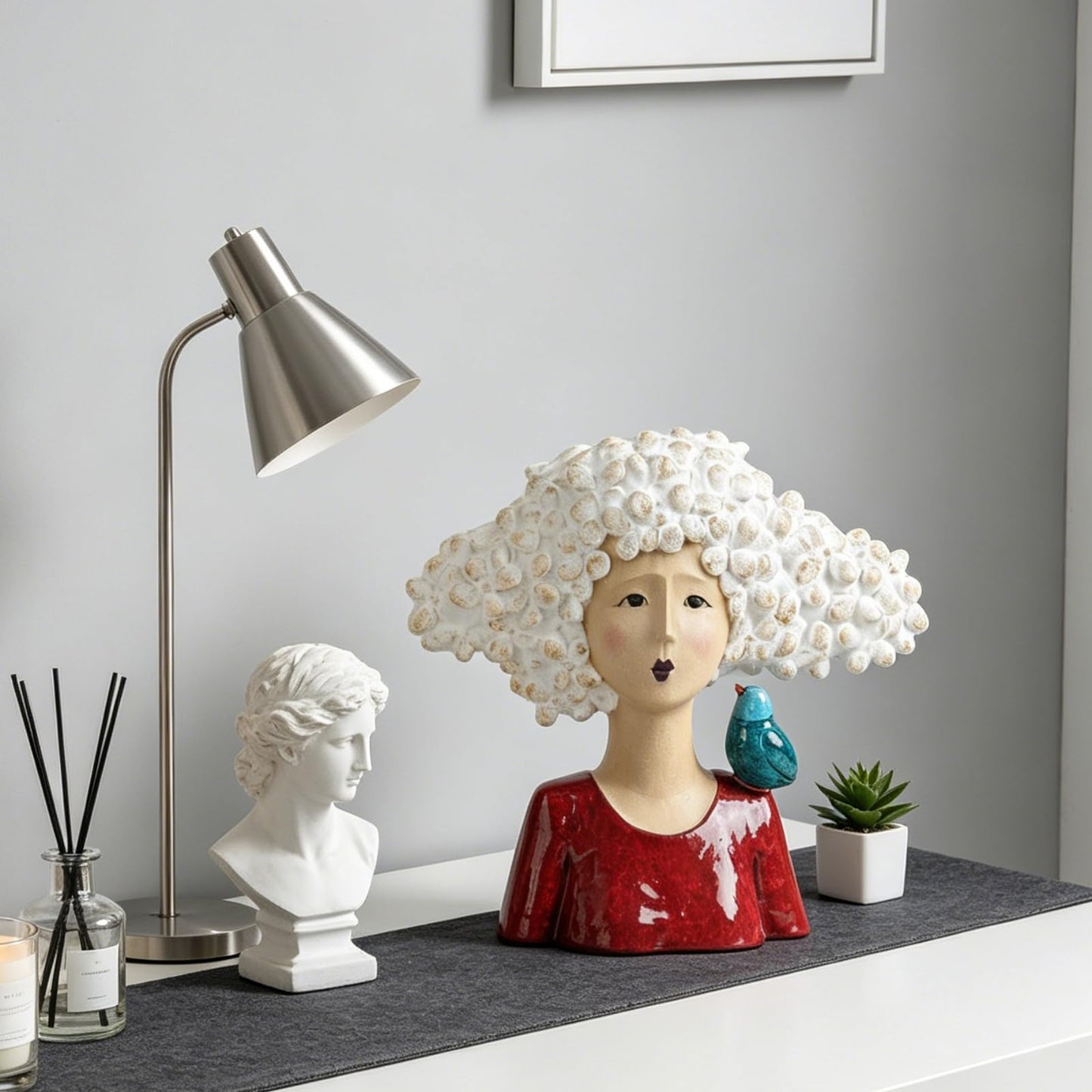 DiliComing Garden-Statues Bust-Head Sculptures for Home Decor - 11 Inch Women with Bird Modern Art Statue for Home and Garden, Various Festivals for Women 10.5 x5.5 x 11 Inch (Red)