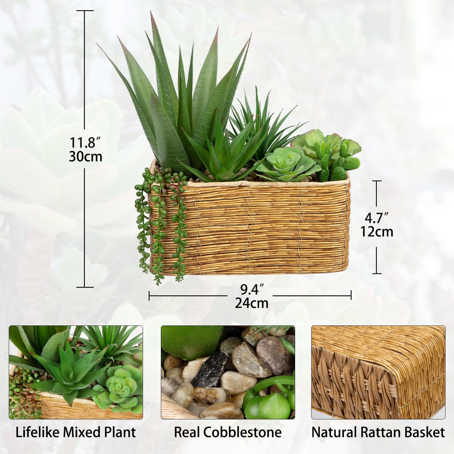 Hollyone Artificial Succulent Plant Arrangement Centerpiece Assorted Fake Agave Succulents in Rectangular Woven Basket 12" Faux Potted Succulents for Indoor Home Office Table Windowsill Shelf Decor