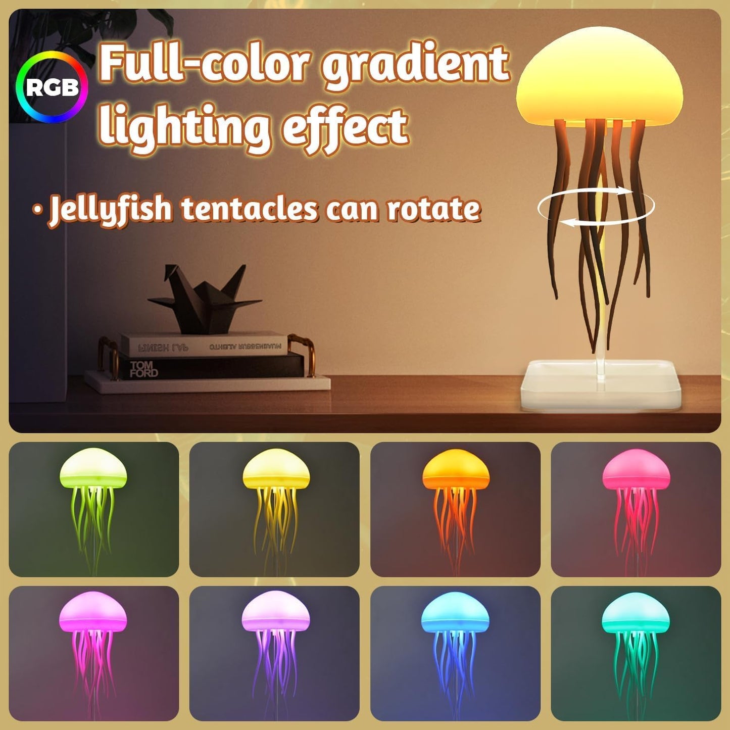LED Jellyfish Lamp RGB Gradient Jelly Fish Light with Dancing Legs and Touch Sensor Rechargeable Cute Desk Lamp for Bedrooms, Living Room (Hanging + Base)