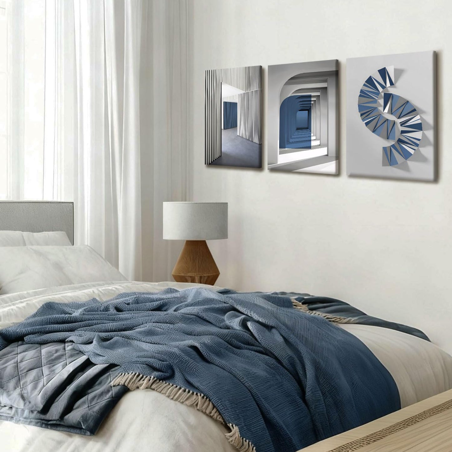 NCCXNCC 3-Pcs Abstract Blue Canvas Wall Art Neutral Minimalist Paintings Gray Geometric Posters Print Modern Architecture Image Artwork Living Room Bedroom or Office Wall Decoration 12x16 inch