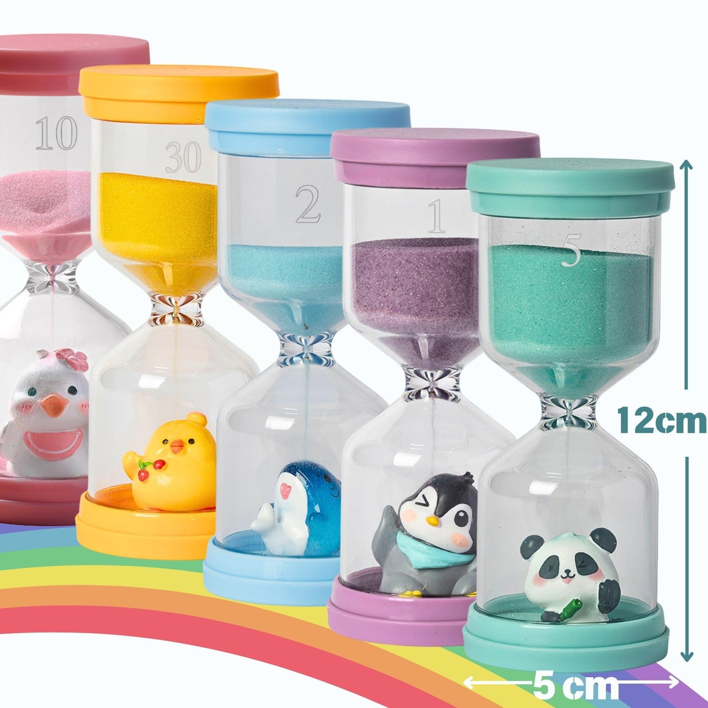 5 Pcs Colourful Plastic Hourglass with Different Animals,Sand Timers 1m/2m/5m/10m/30m,Sand Timers for Students,Games,Classroom,Kitchen,Office,Desk Decor (Pack of 5)