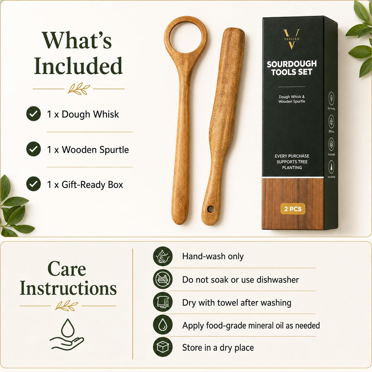 Wooden Dough Whisk & Spurtle Set, 2 Pcs Acacia Wood Sourdough Mixing Tools, Danish Dough Whisk Alternative, Nonstick Safe Stirring Stick for Bread, Batter, Sauce & Jar Mixing, 13 Inch