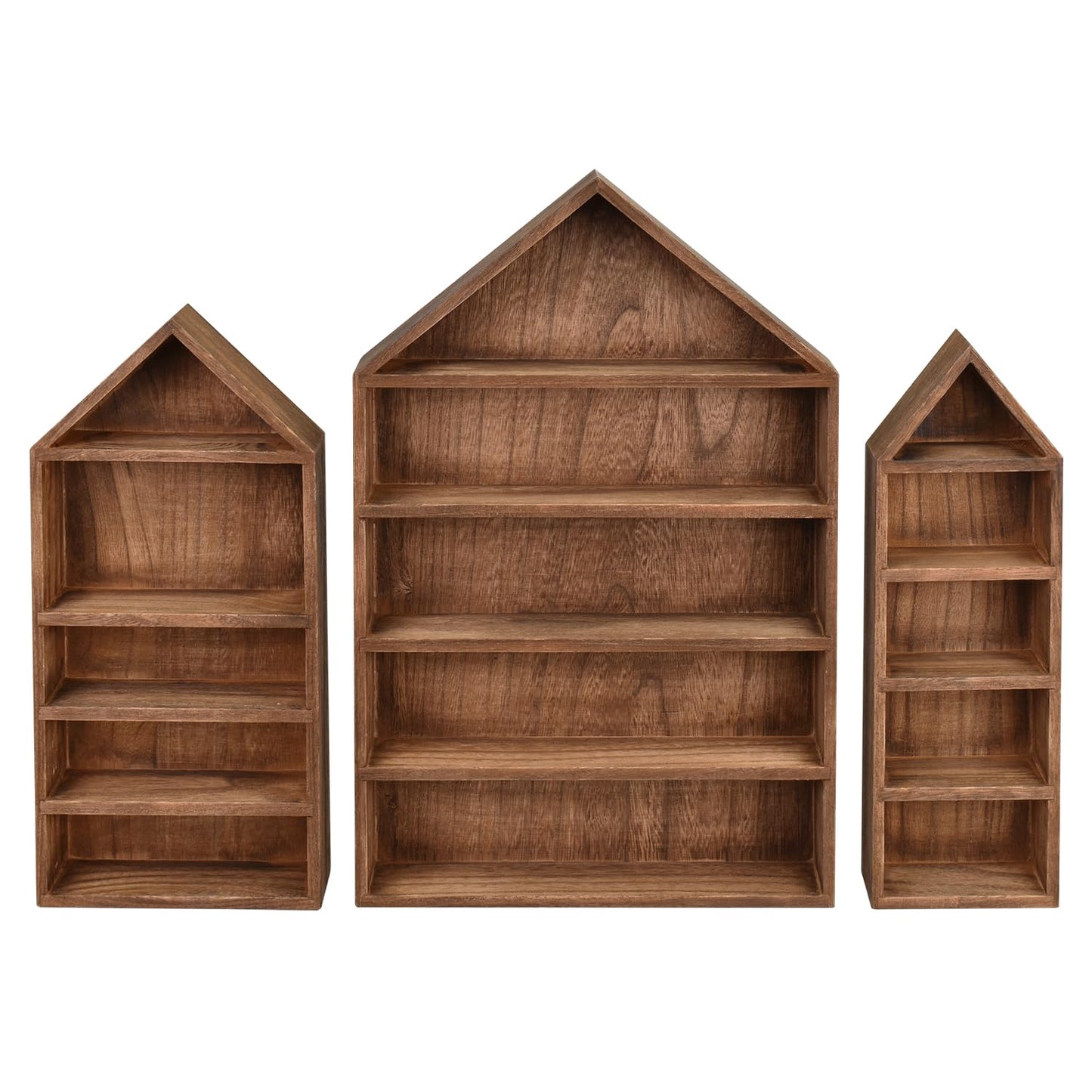 Ikee Design 3 Pcs Set House-Shaped Shelf Wooden Shadow Cubby Box Display Shelf Organizer Storage Display Shadow Box for Mini Figures,15 Compartments, Brown Color