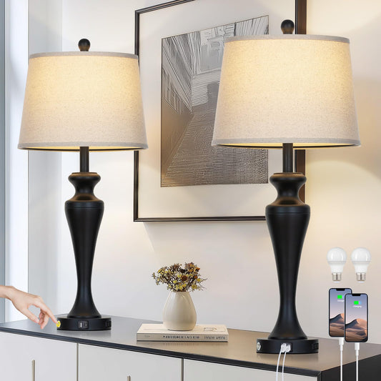 CINSARY 30“ Black Table Lamps for Living Room, 3-Way Dimmable Touch Control Lamp with USB A+C Ports and AC Outlet, Tall Bedside Lamps Set of 2, Metal Bedroom Lamp for Nightstand, 2 Bulbs Included