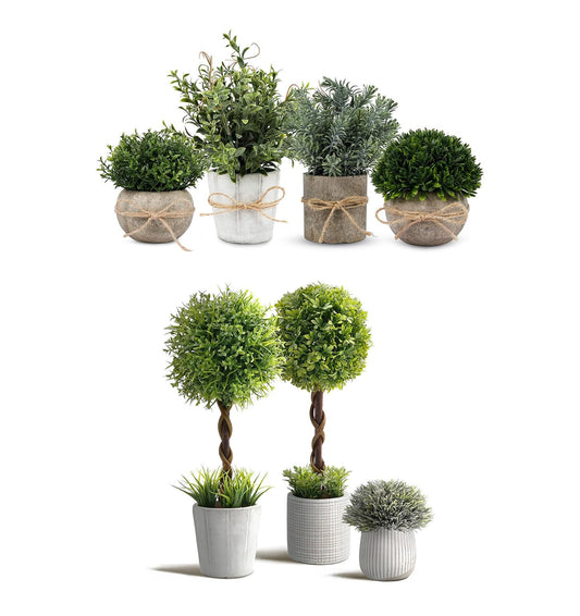 PENGYEE 4 Pack Small Faux Plants & 3 Pack Artificial Boxwood in Cement Planters Bundle
