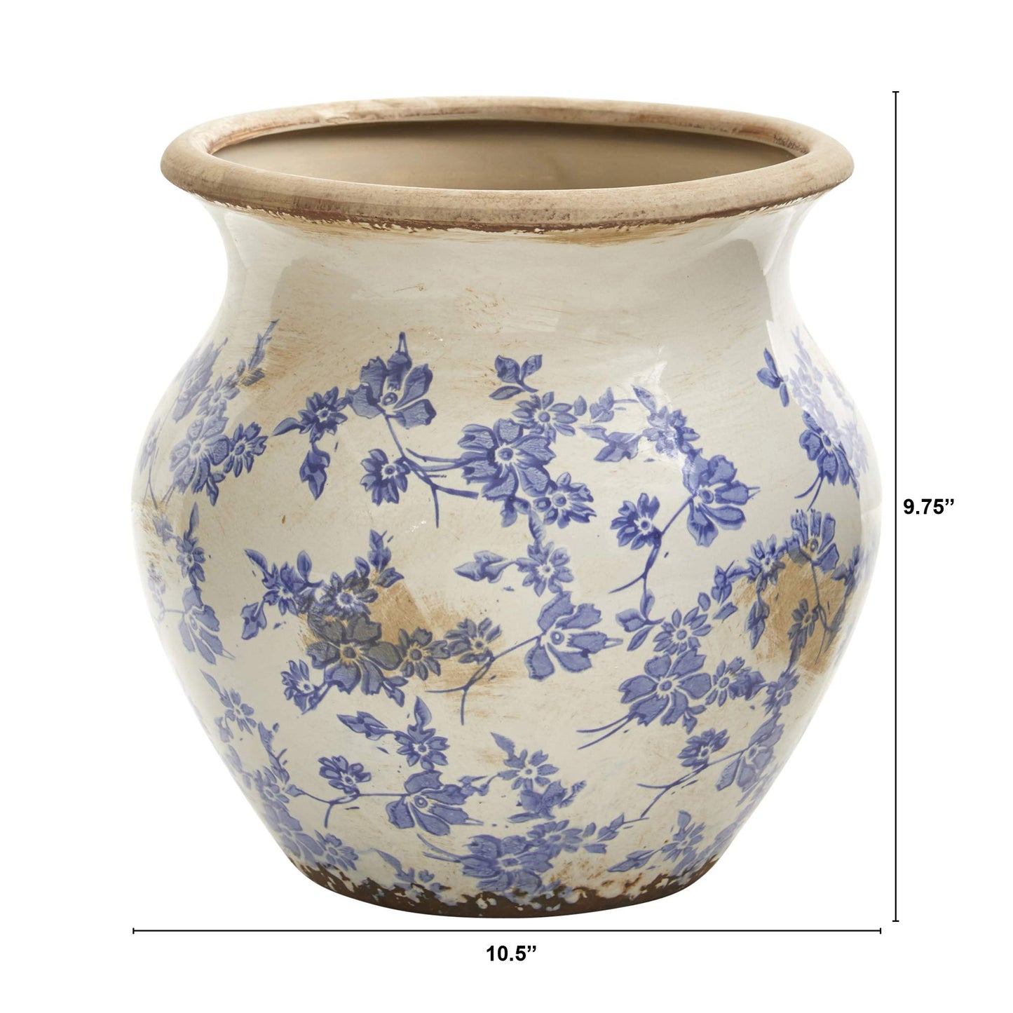 Nearly Natural 10.5in. Tuscan Ceramic Blue Scroll Urn Vase, Green
