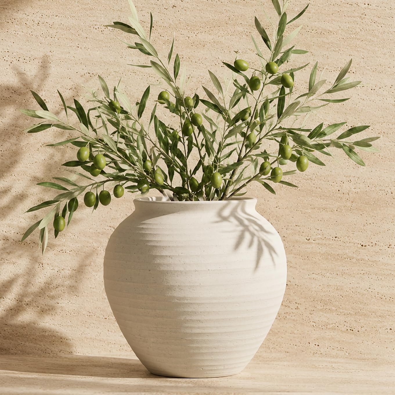 YVTVY Ceramic Vase 6.7", Textured Ribbed Flower Vase for Pampas Grass, Cream Beige Wabi-Sabi Handmade Pottery Vase, Rustic Farmhouse Table Centerpiece for Entryway Shelf Nightstand Decor