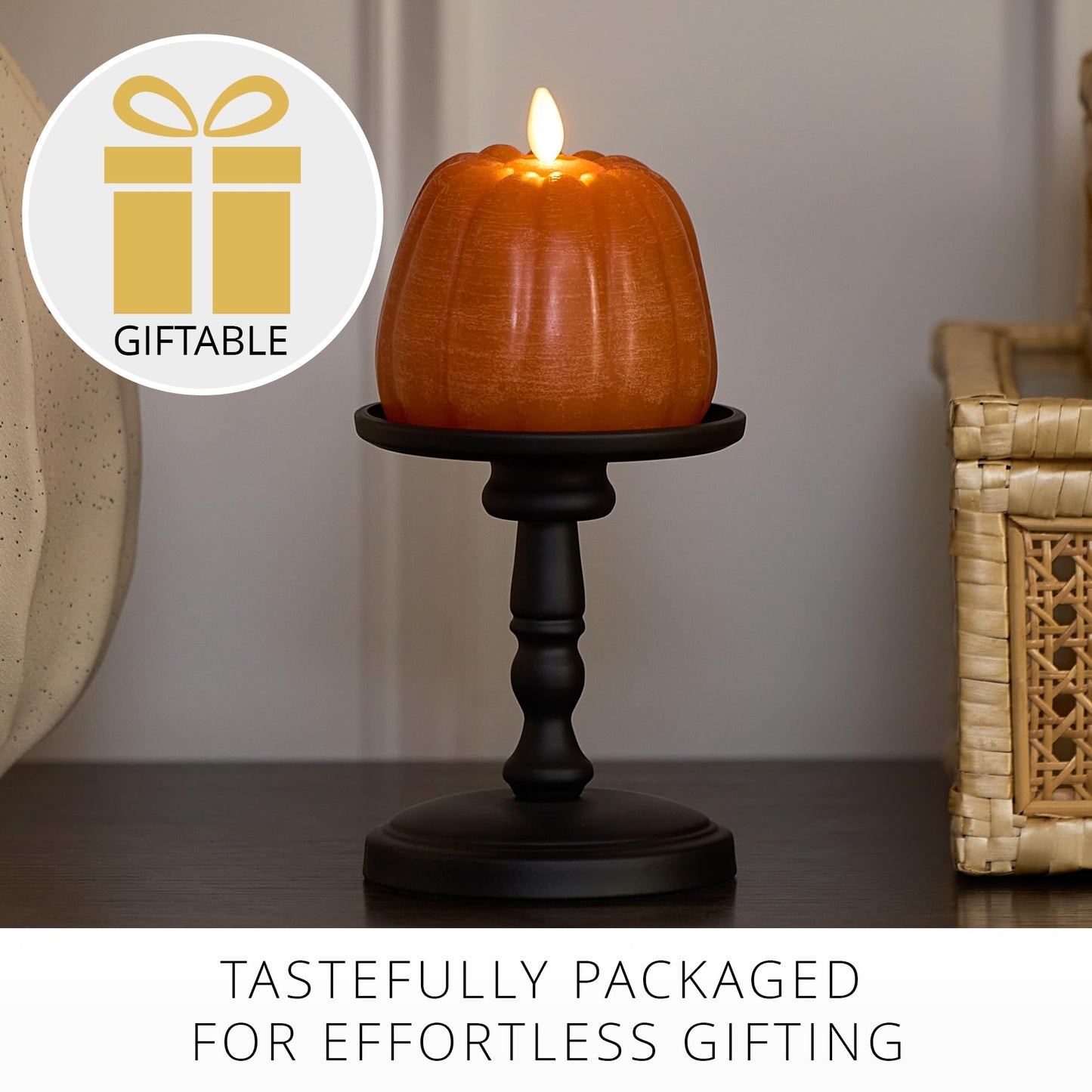 Luminara Flickering Flameless Marmalade Pumpkin Candle, Battery Operated Plug Free Home Indoor Decoration, Timer & Remote Ready (Sold Separately), 4" x 4.3" Real Flame LED Light Halloween & Fall Decor