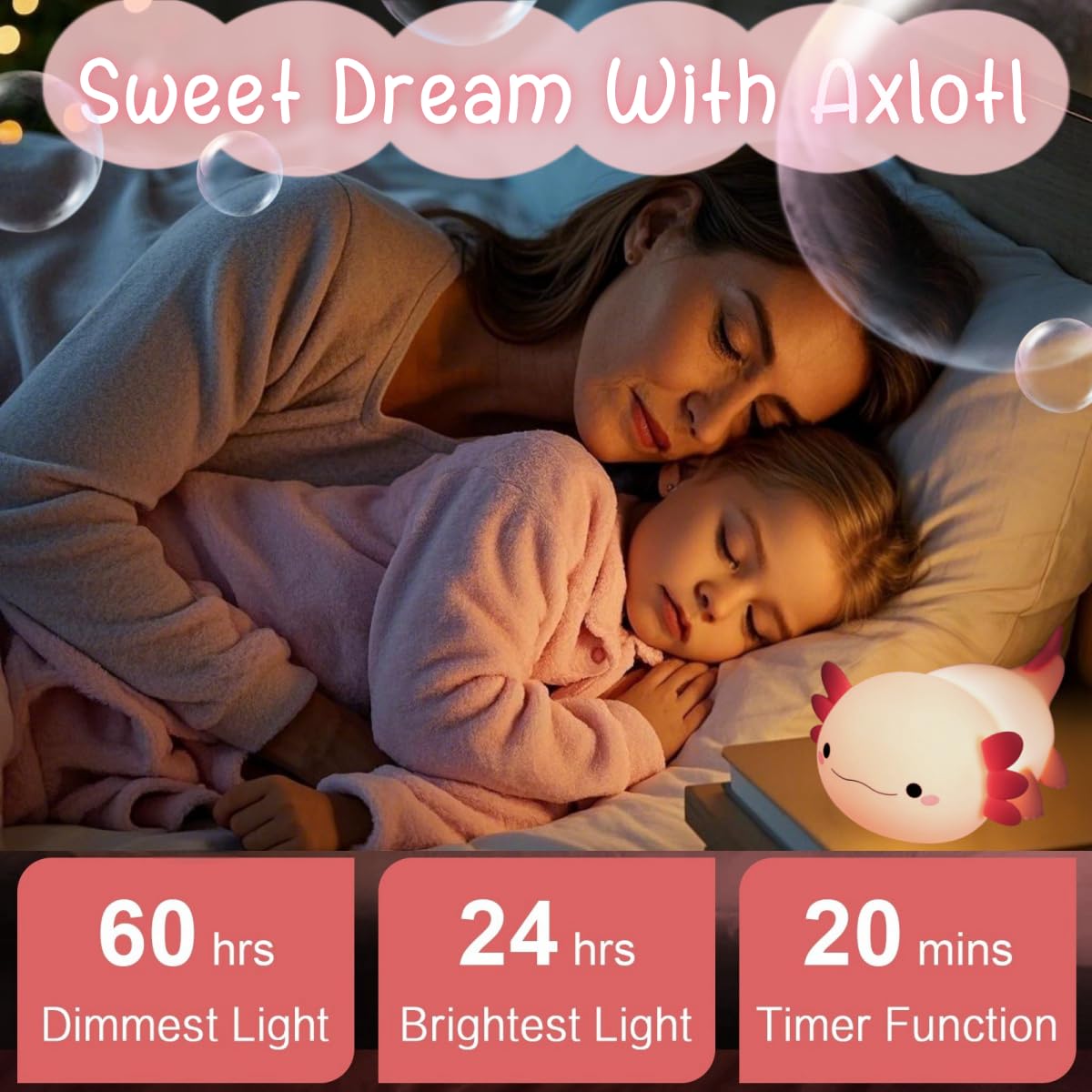 YR YRHH-PET Axolotl Lamp Kid Cute Night Light, Rechargeable Squishy Axolotl Gifts for Girls, Baby Touch Nightlight, Dimmable Silicone LED Animal Toys, Bedside Pink Lamp, College Nursery Kawaii Décor