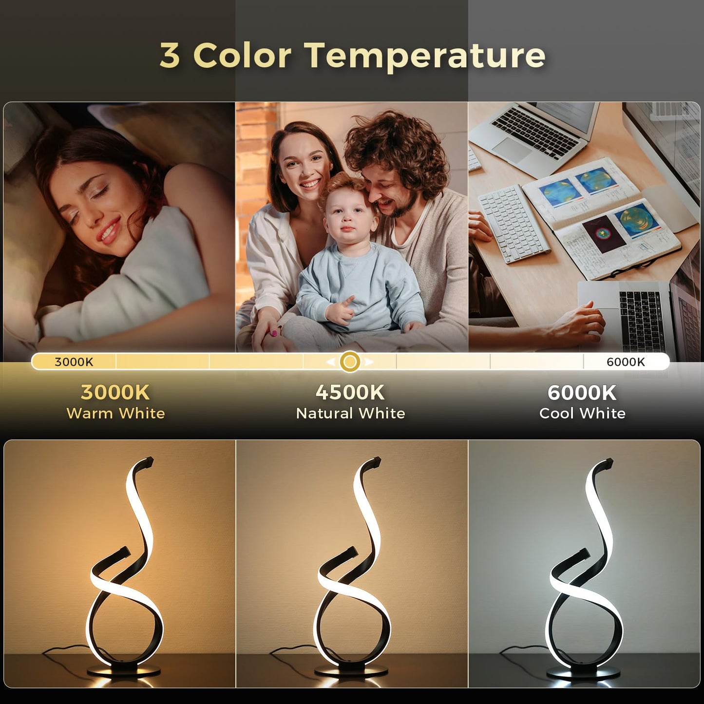 JIOODICH. Modern Touch Lamp for Nightstand, Spiral LED Table Lamp, Dimmable 3 Color Temperature Night Stand Desk Lamp, Unique Bedside Light for Living Room, Bedroom, Cool Lamps for Ideal Gift, Black