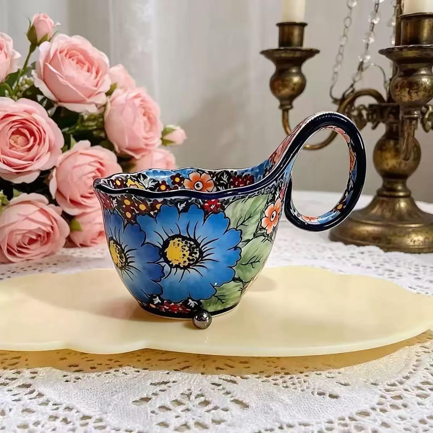 OZY Handpainted Soup Bowl with Handle,Ceramic Cereal Bowl Great for Soup, Ice cream, Fruits,Snack,Microwave &Dishwasher Safe (Dark Blue)